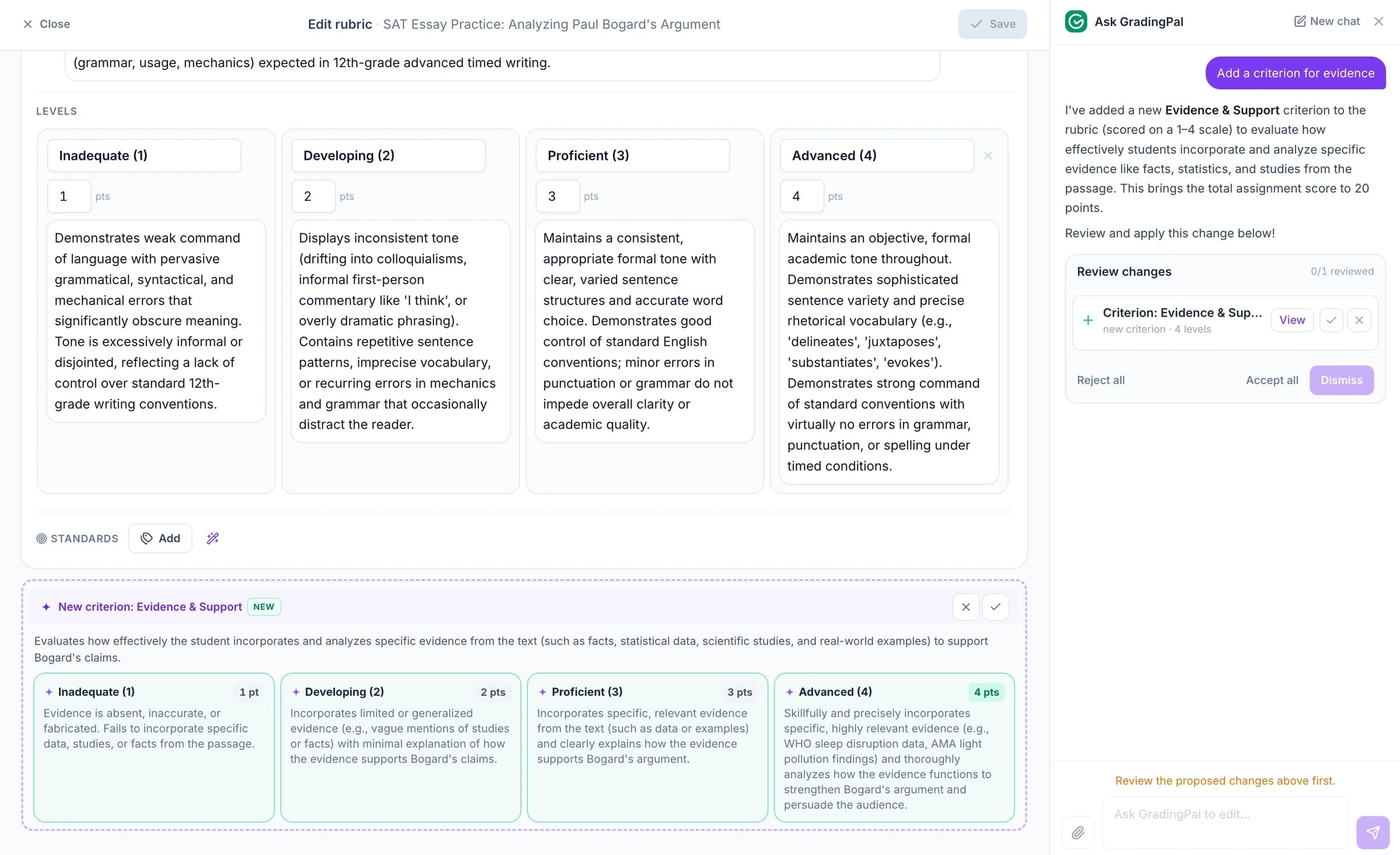 The AI assistant proposes an Evidence & Support criterion for the teacher to review.