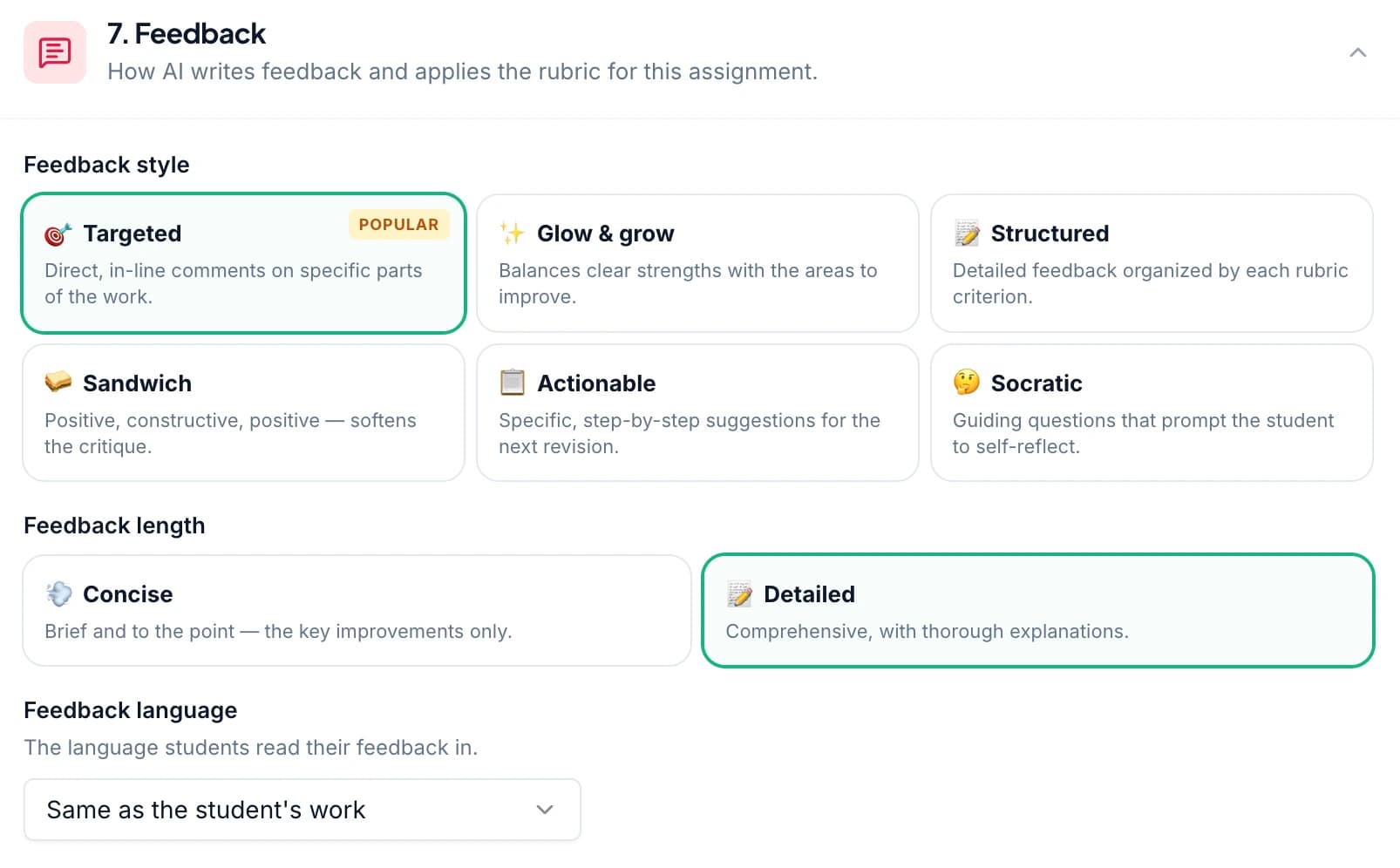 Choose the feedback style, length, and language for your assignment.