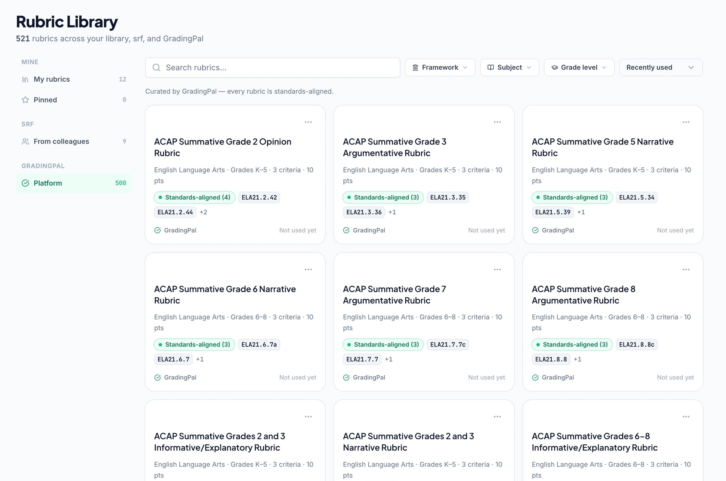 The GradingPal rubric library showing three shelves — your rubrics, your school’s rubrics, and GradingPal’s curated collection — with a grade-level filter applied.