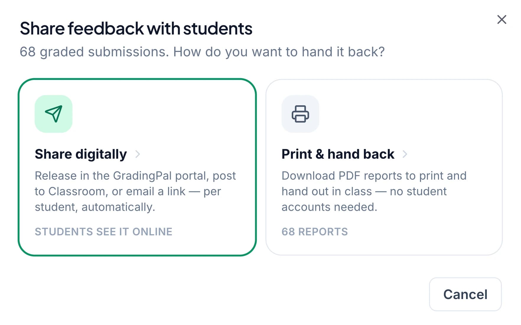 GradingPal’s share dialog asking how to hand back a class’s graded submissions, with the digital and print options side by side.
