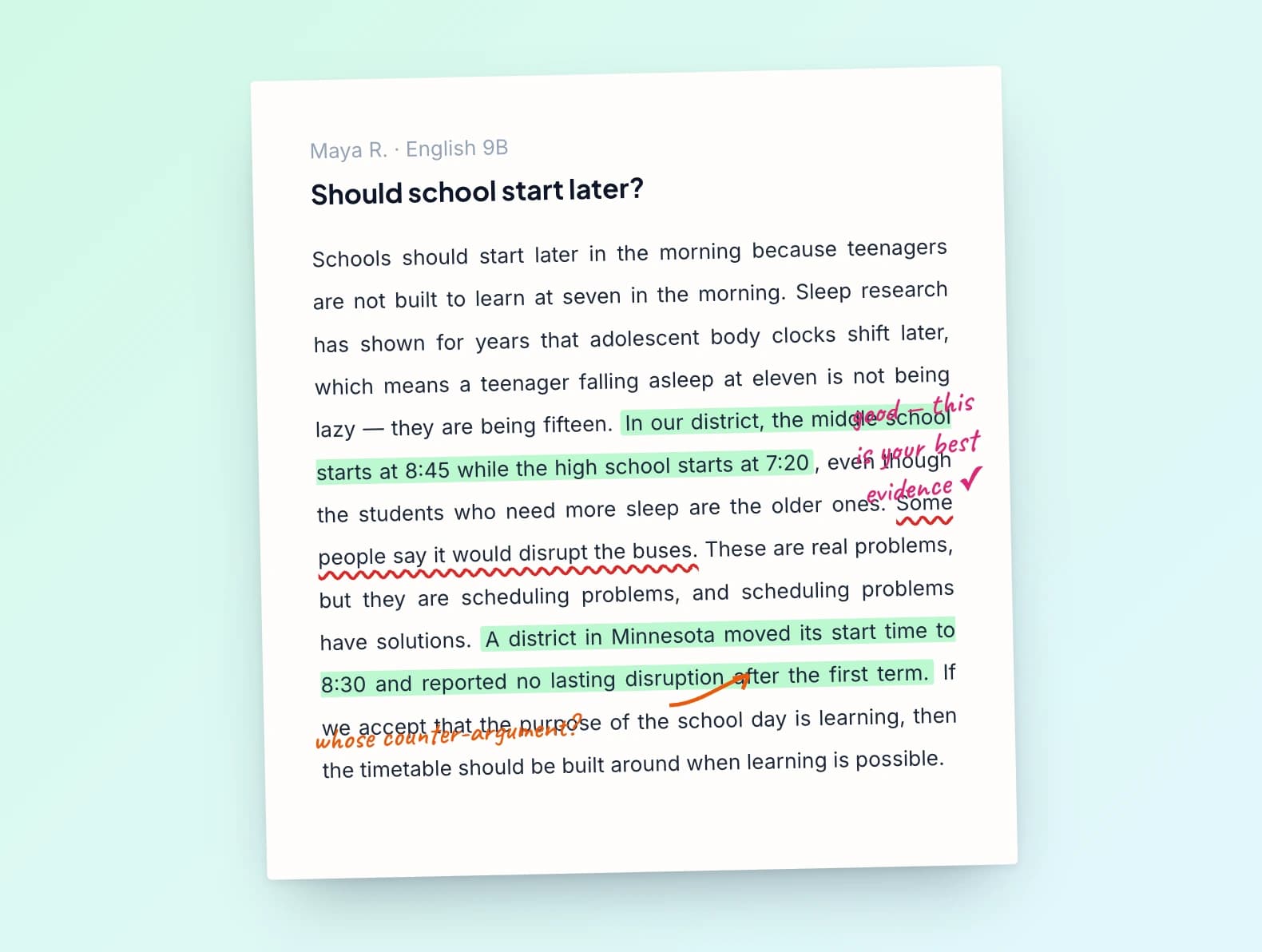 GradingPal grading an essay: the student’s writing beside a rubric criterion with its suggested level.
