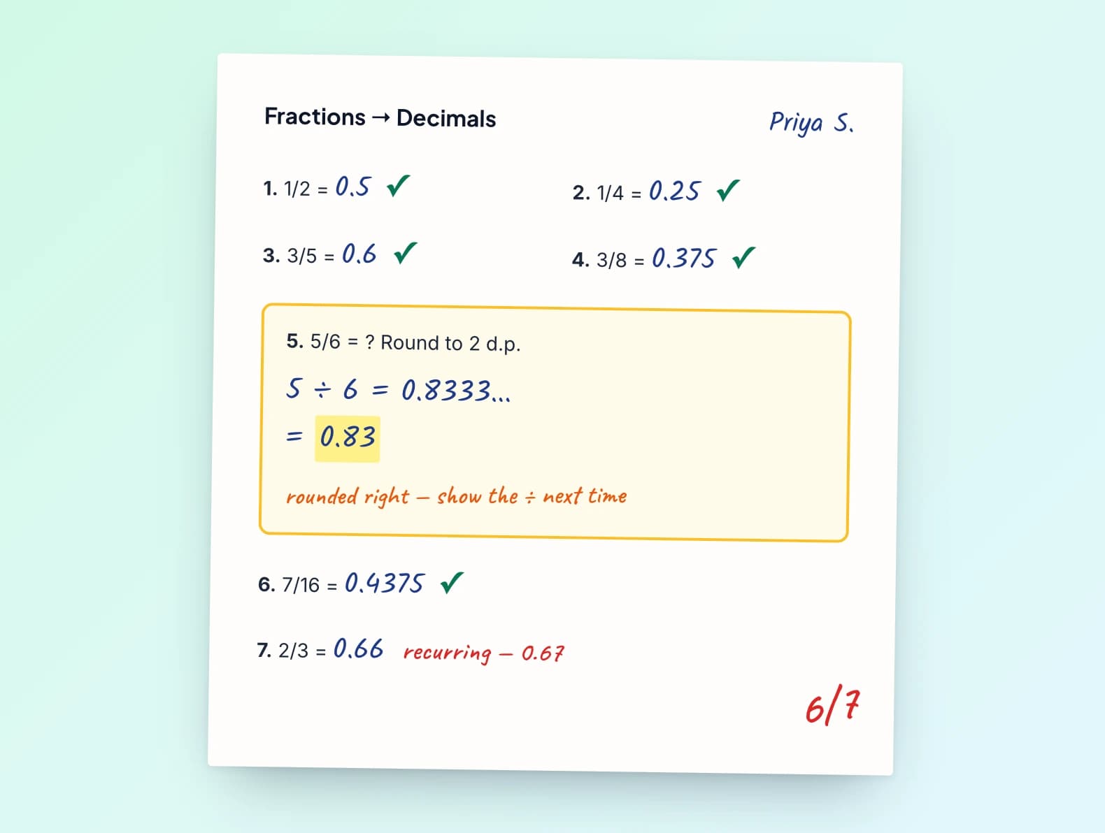 GradingPal grading a worksheet: a scanned page scrolled to the question being marked.