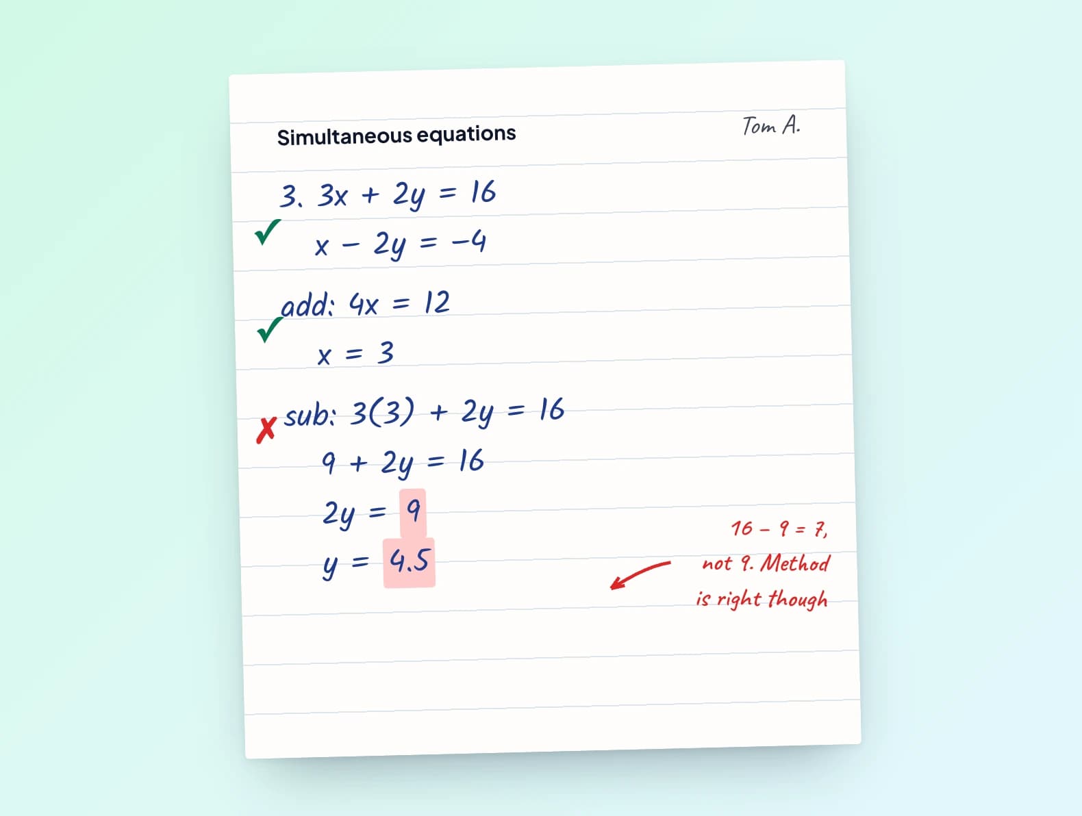 GradingPal grading a problem set: handwritten simultaneous-equations working marked step by step, with the arithmetic slip highlighted and a comment crediting the method.